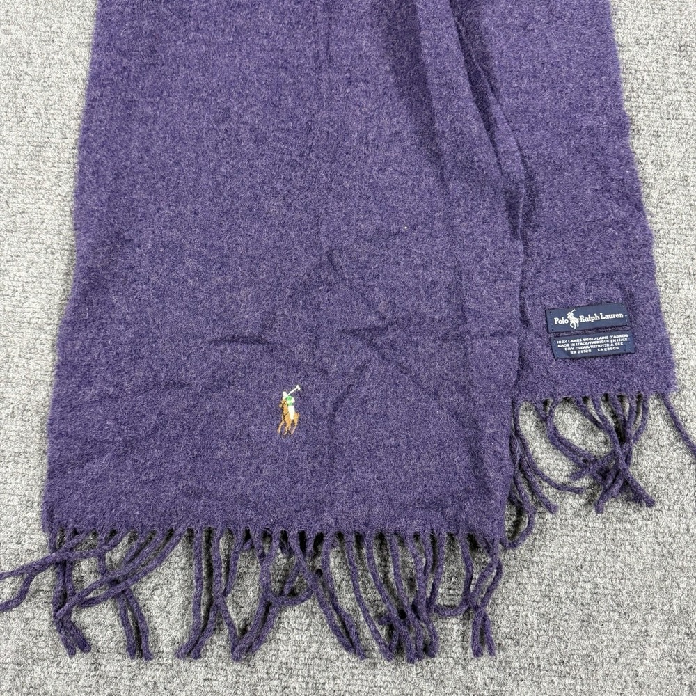 Vintage Polo Ralph Lauren Lambs Wool Scarf Purple Tassel Fringe Flesh Pony Italy